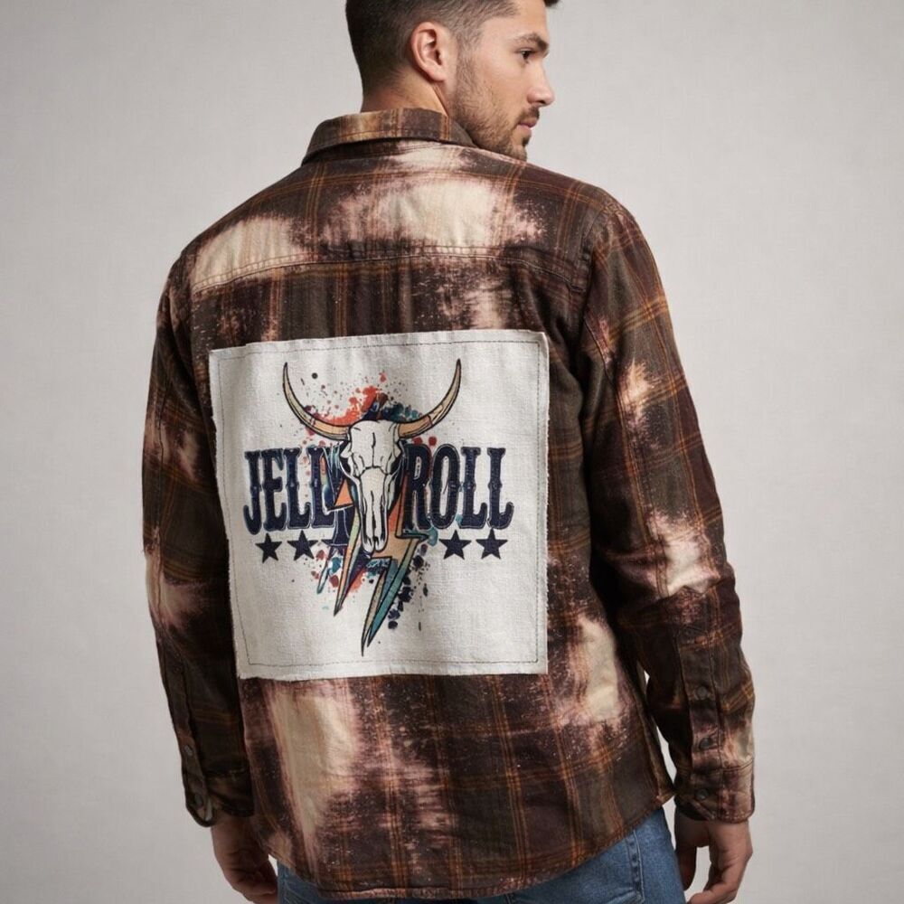 Pink Rooster Jelly Roll Bleached Flannel Shirt Mens L Western